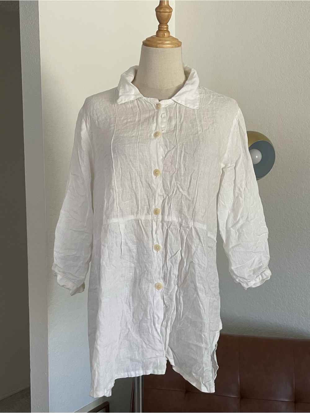 FLAX Petite Linen 3/4 Sleeve Buttoned Top